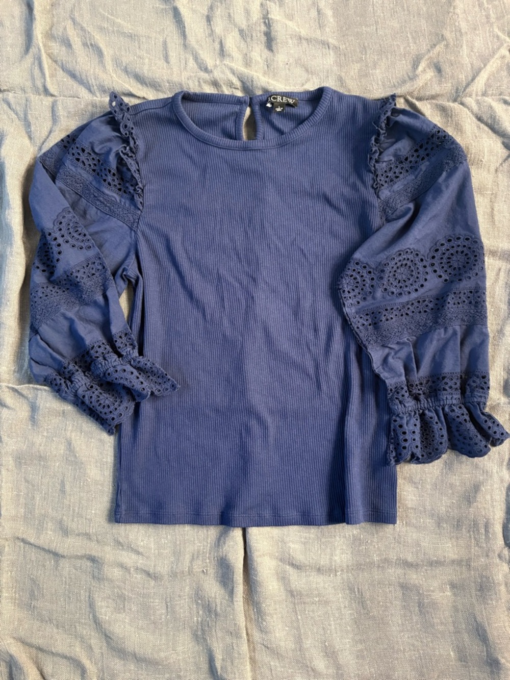 J.Crew Ruffle-Trim Eyelet Top in Vintage Rib | Size L | Like New